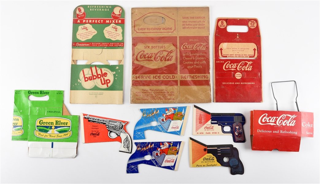 LARGE LOT OF CARDBOARD SODA & COCA-COLA 6-PACK CARRIERS.