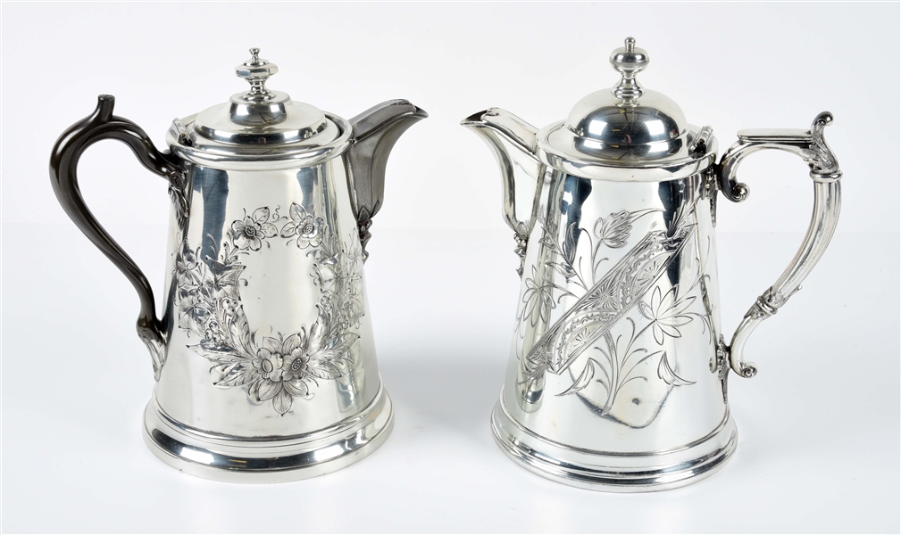 LOT OF 2: SILVER PLATED WATER OR COFFEE PITCHERS.