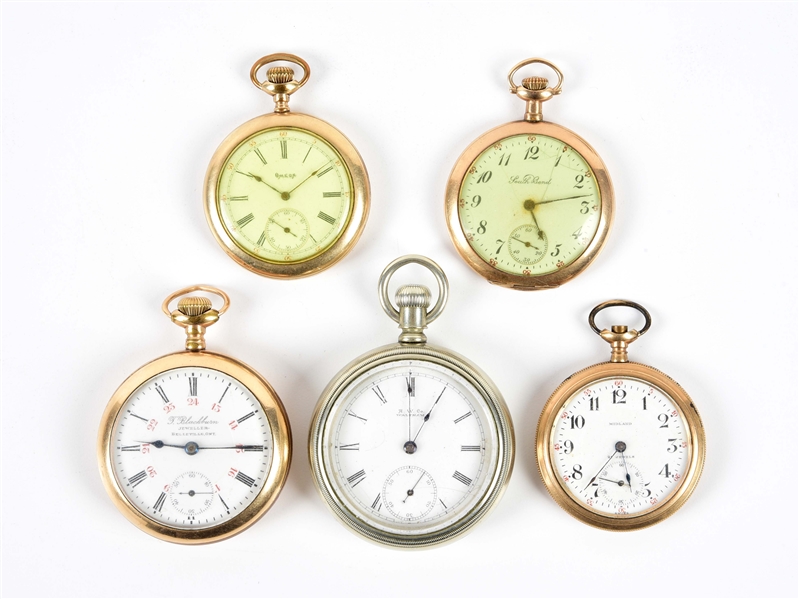 LOT OF 5: OPEN FACE POCKET WATCHES.