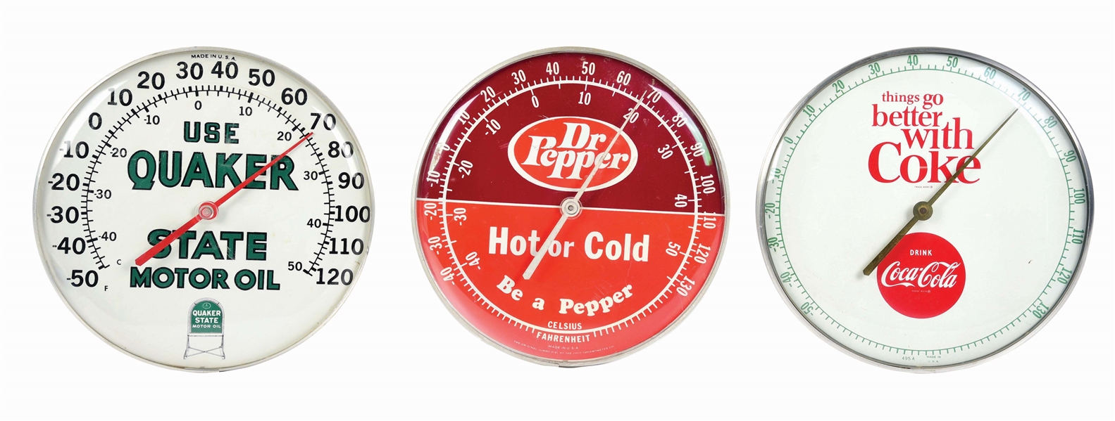 LOT OF 3: COCA-COLA, DR. PEPPER, AND QUAKER STATE THERMOMETERS.