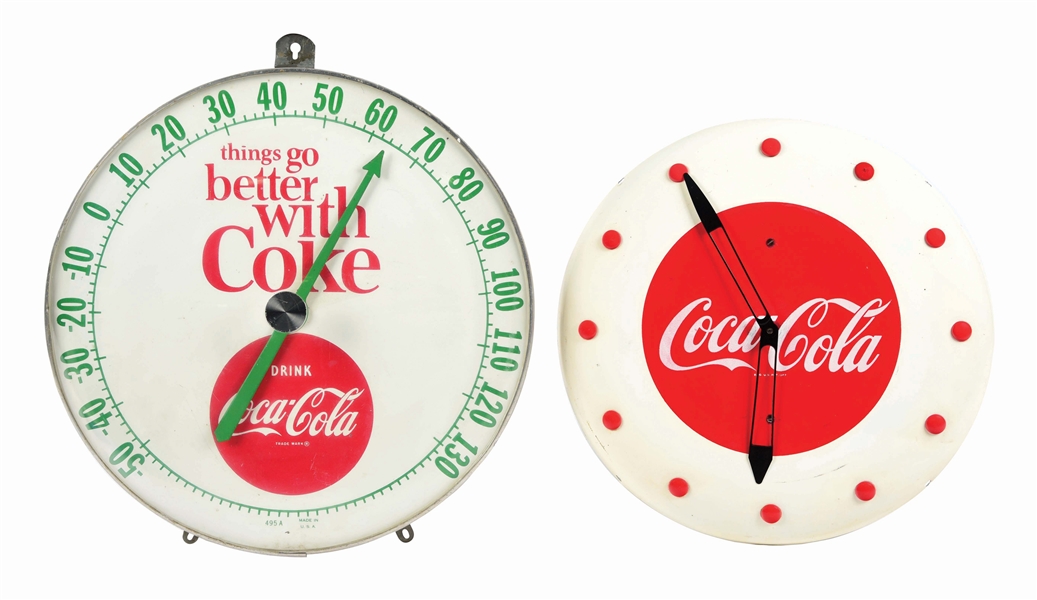 LOT OF 2: COCA-COLA CLOCK AND THERMOMETER.