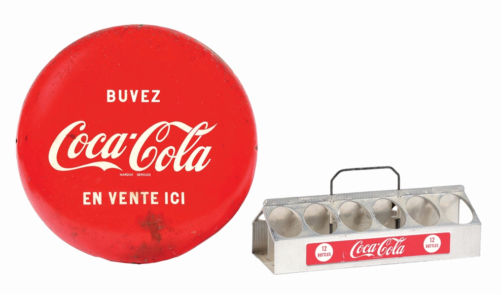 LOT OF 2: COCA-COLA BUTTON AND CARRIER.