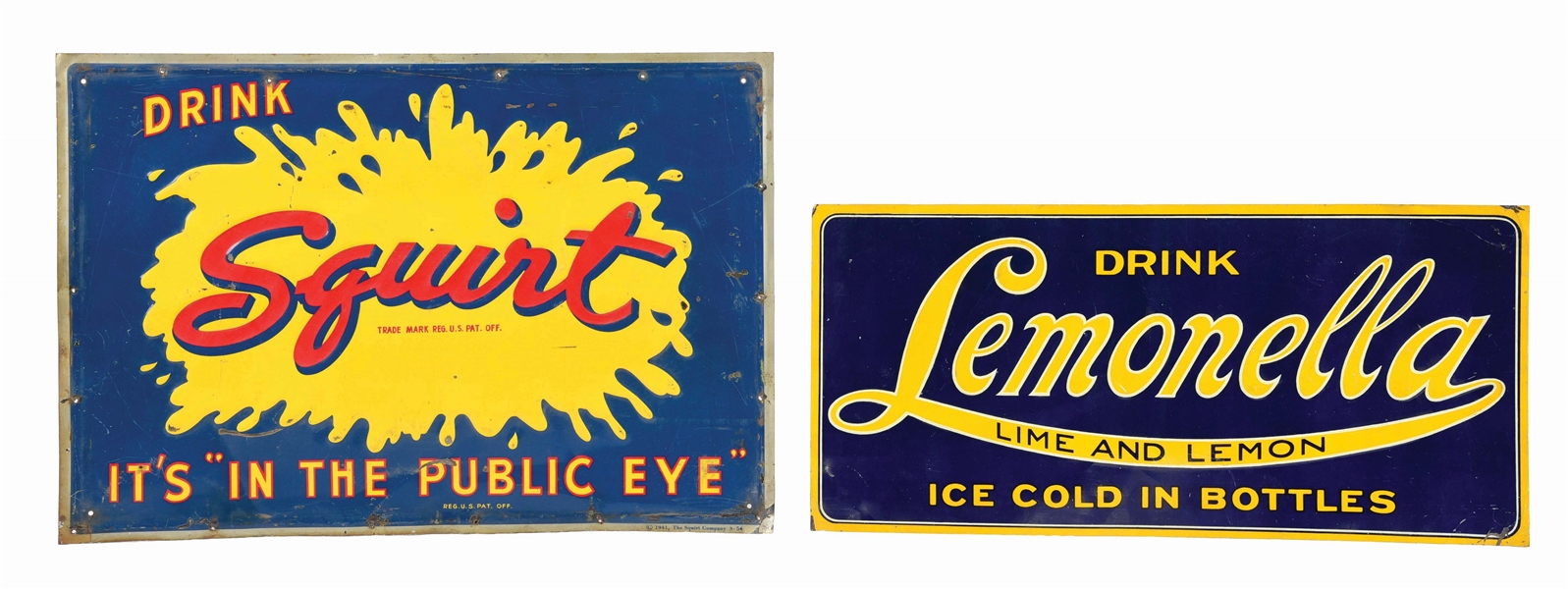 LOT OF 2: EMBOSSED TIN LEMONELLA AND SQUIRT SIGNS.
