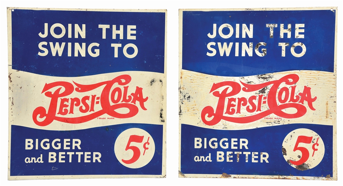 LOT OF 2: SINGLE SIDED TIN PEPSI-COLA SIGNS.