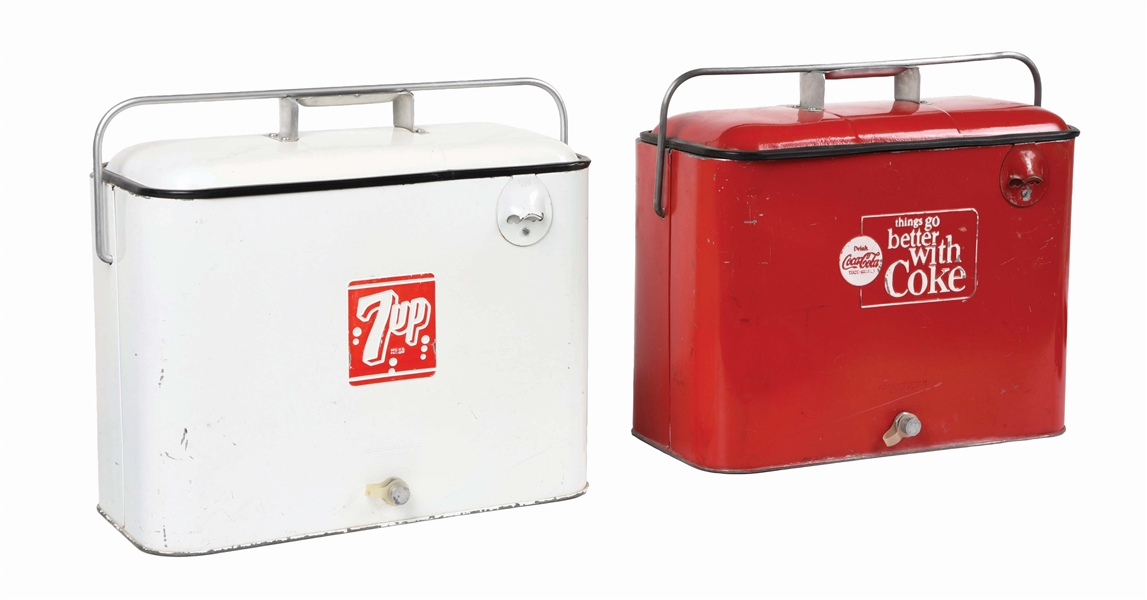 LOT OF 2: COCA-COLA AND 7UP COOLERS.
