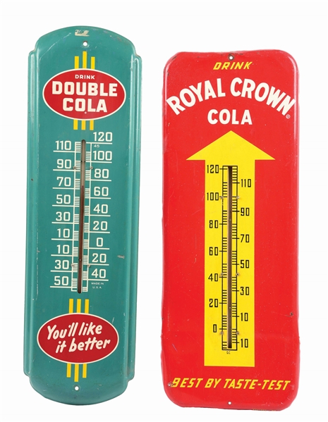 LOT OF 2: ROYAL CROWN AND DOUBLE COLA THERMOMETERS.