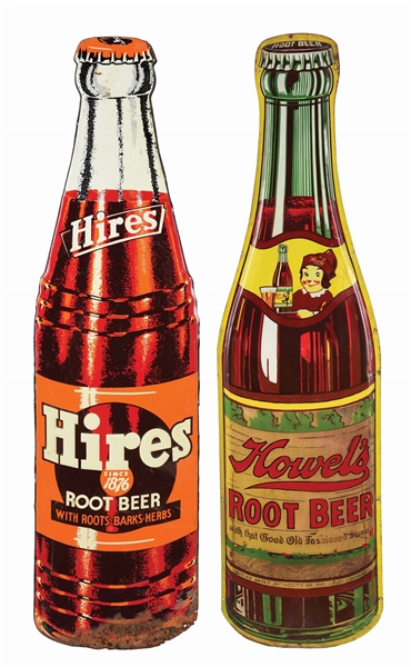 LOT OF 2: HOWELS AND HIRES ROOT BEER SODA BOTTLE SHAPED SIGNS.