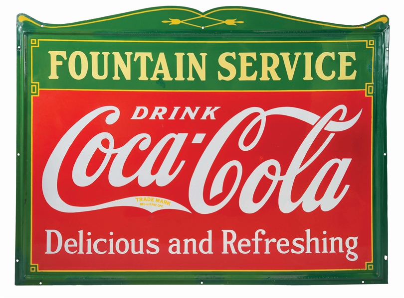 SELF FRAMED SCROLL TOP COCA-COLA FOUNTAIN SERVICE PORCELAIN SIGN.