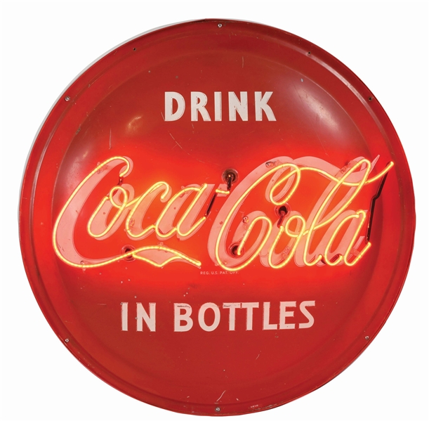 DRINK COCA-COLA CONVEX TIN SIGN W/ ADDED NEON MOUNTED ON METAL CAN. 