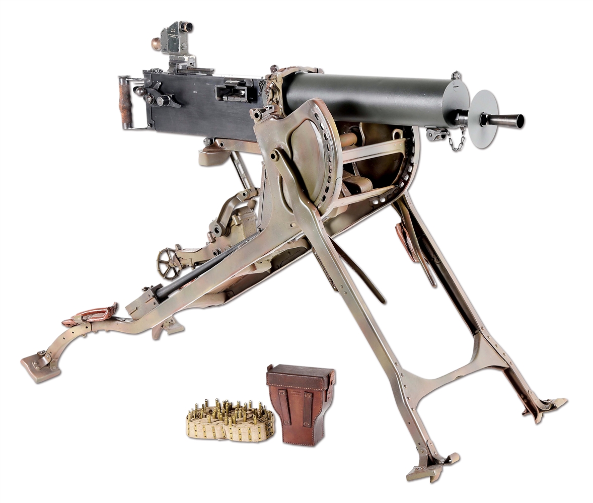 (N) VERY ATTRACTIVE NEAR MATCHING GERMAN WWI DWM MANUFACTURED MG-08 MAXIM MACHINE GUN WITH SLED AND ACCESSORIES (CURIO AND RELIC).
