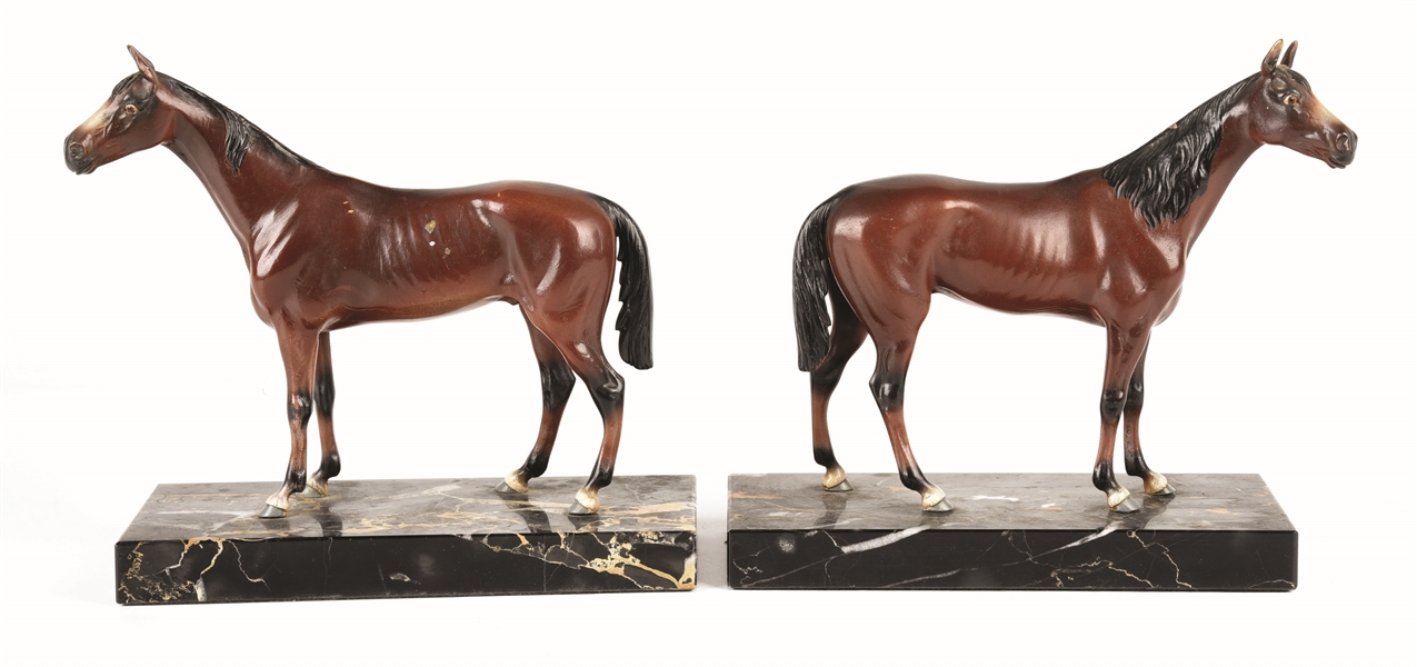LOT OF 2: BRONZE EQUESTRIAN BOOKENDS ON MARBLE BASES.