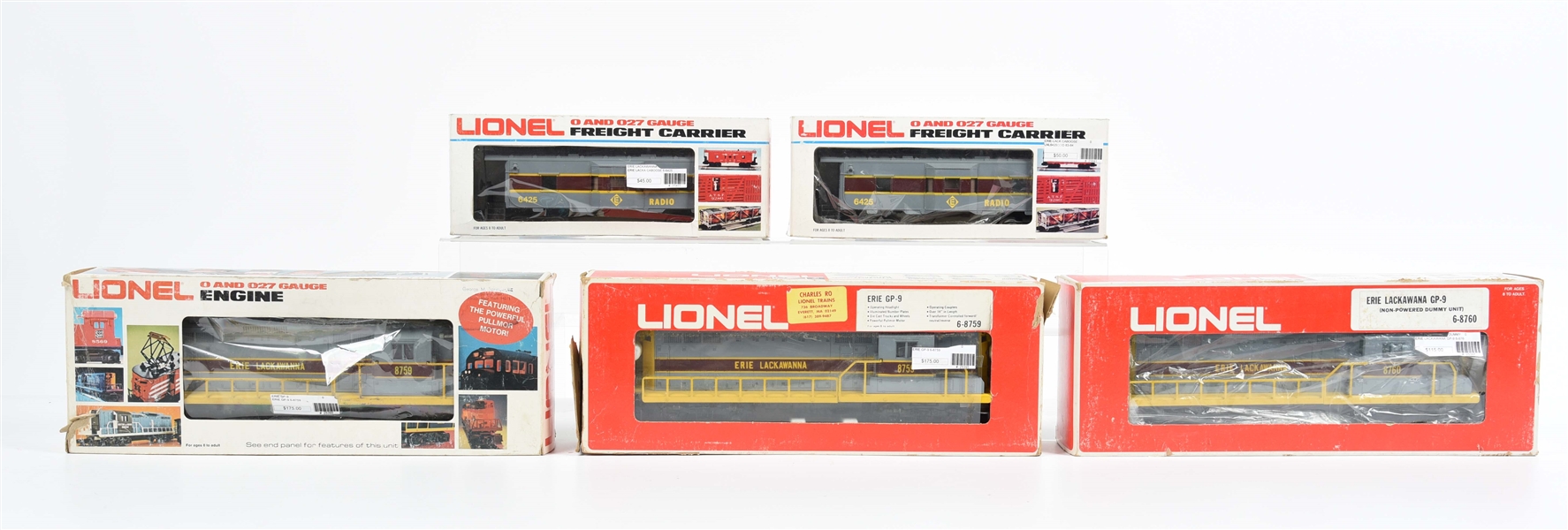 LOT OF 5: VARIOUS LIONEL MPC ERIE LACKAWANNA TRAIN ENGINES AND CABOOSES.