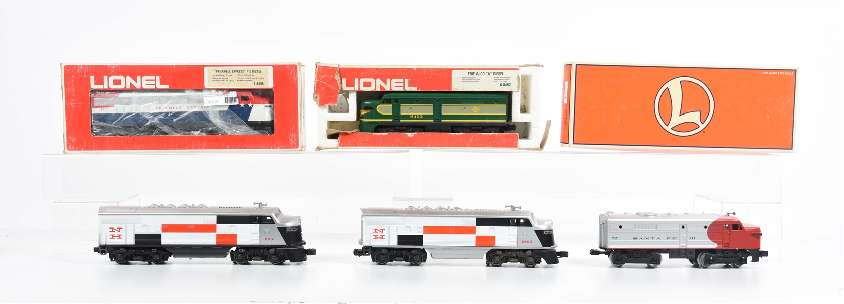 LOT OF 5: VARIOUS LIONEL MPC AND MORE CONTEMPORARY POWERED AND NON-POWERED TRAIN ENGINES.
