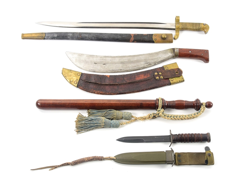 LOT OF 4: AMERICAN HAND WEAPONS INCLUDING A MACHETE, ZOUAVE BAYONET, BILLY CLUB, AND M3 KNIFE