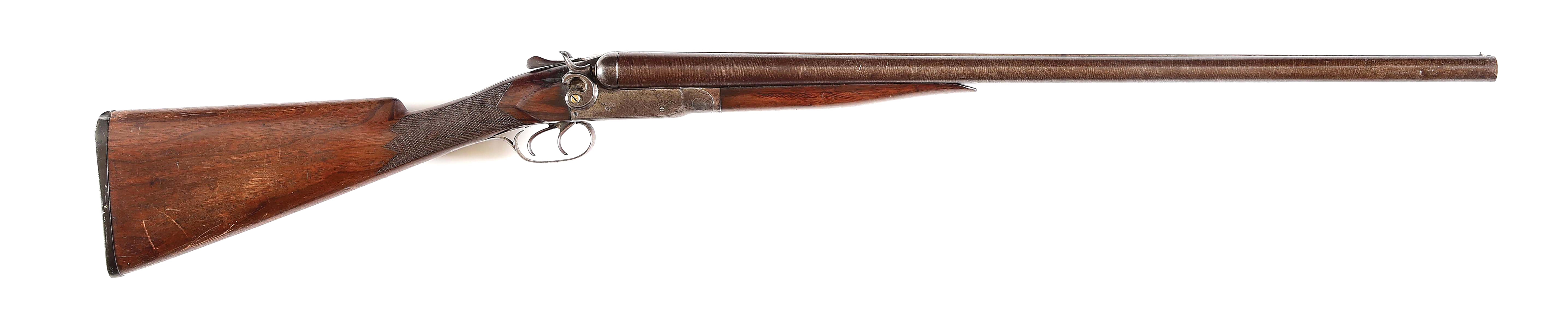 (A) ITHACA 12 BORE SIDE BY SIDE HAMMER FIRED SHOTGUN.
