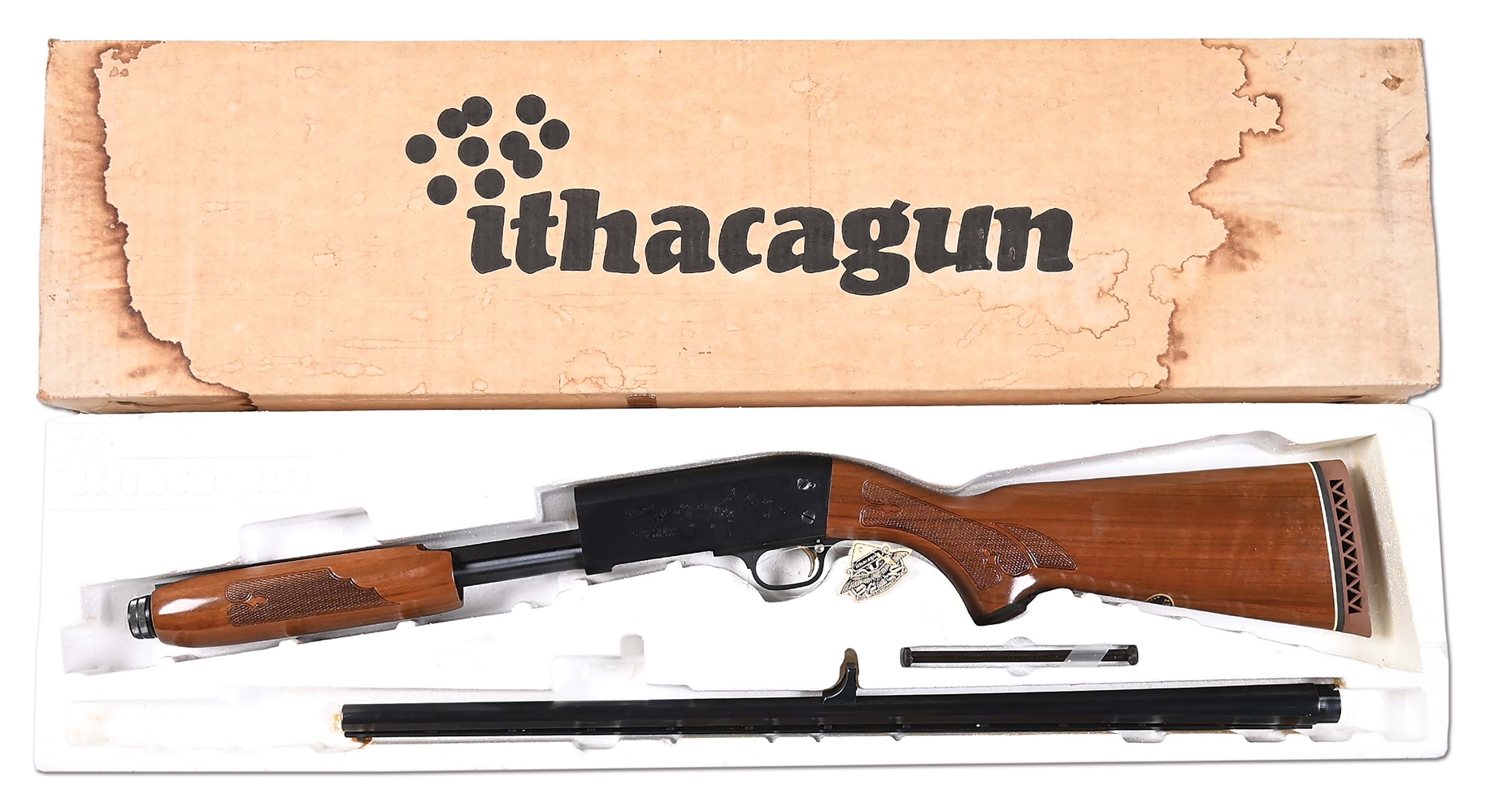 (C) ITHACA MODEL 37 UNTRA FEATHERLIGHT 20 BORE SLIDE ACTION IN BOX.
