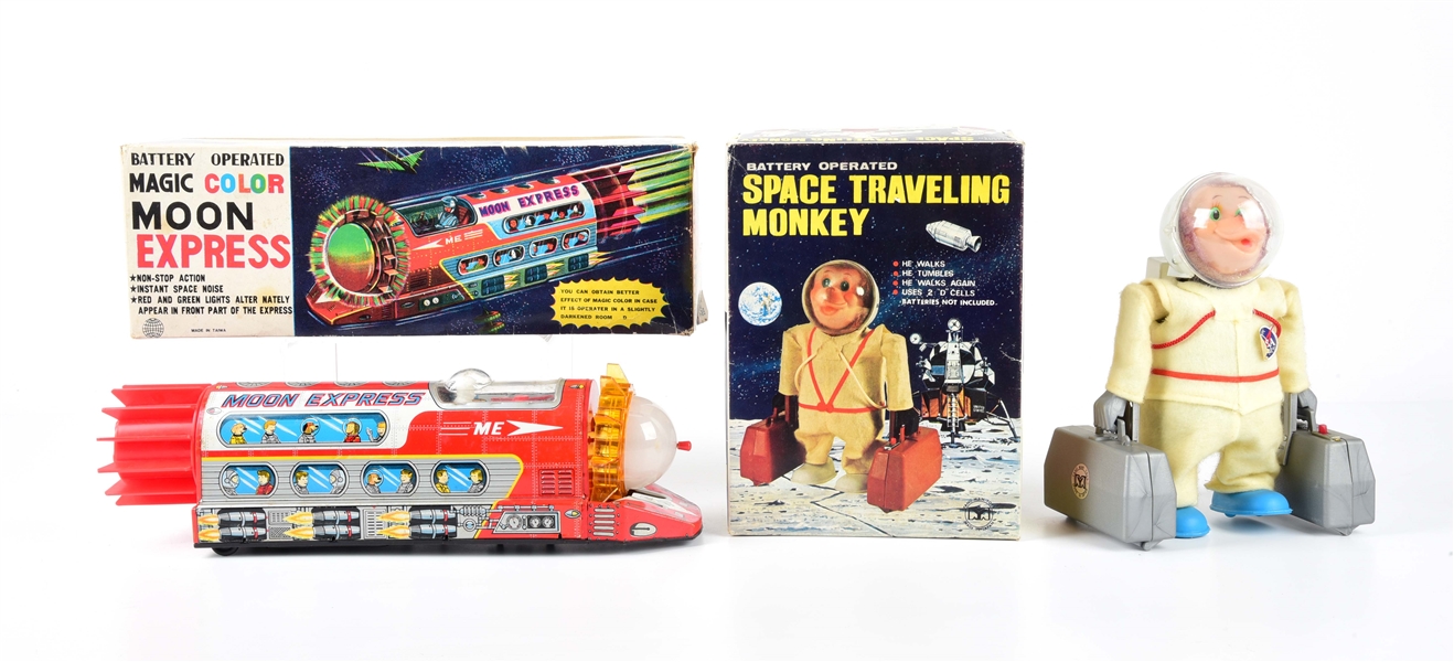 LOT OF 2: JAPANESE BATTERY-OPERATED SPACE RELATED TOYS IN ORIGINAL BOXES.