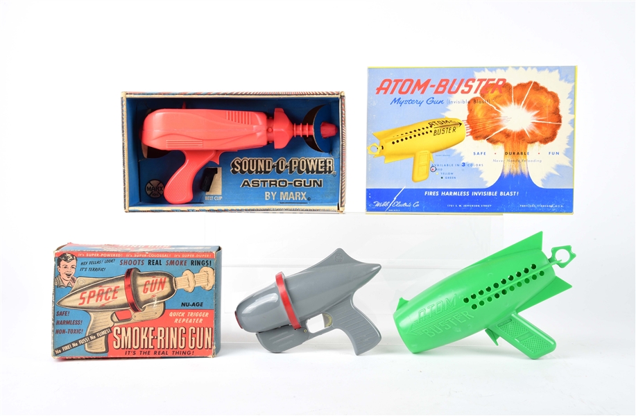 LOT OF 3: AMERICAN-MADE PLASTIC SPACE PISTOLS IN ORIGINAL BOXES.