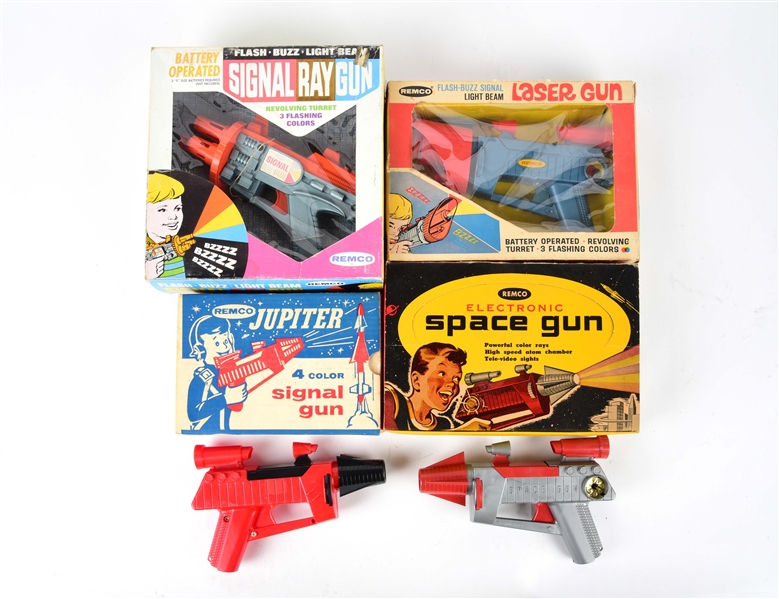 LOT OF 4: REMCO PLASTIC SPACE GUNS IN ORIGINAL BOXES.