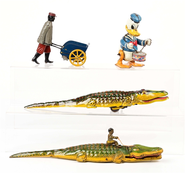 LOT OF 4: AMERICAN-MADE TIN LITHO CHARACTER-TYPE TOYS.
