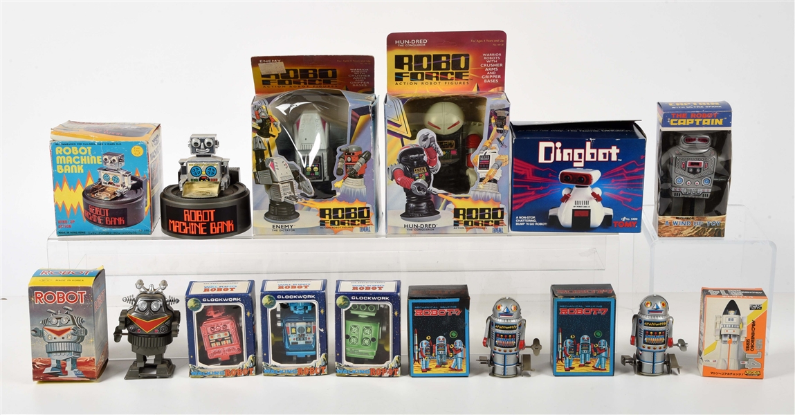 LOT OF 12: VARIOUS MOSTLY FOREIGN-MADE BATTERY-OPERATED & WIND UP ROBOTS.
