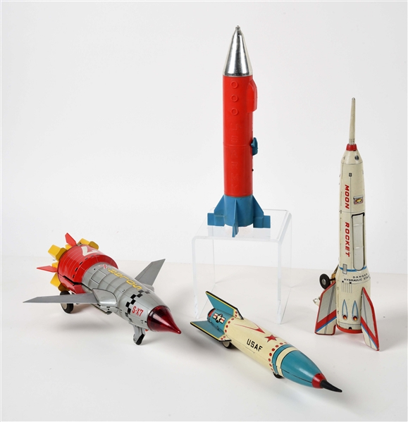 LOT OF 4: VARIOUS TIN LITHO & PLASTIC FRICTION & BATTERY-OPERATED ROCKETS.