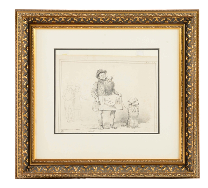 FRAMED SKETCH OF A STREET ORGANIST WITH DOG.