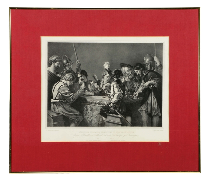 FRAMED SERIOGRAPH DEPICTING A CROWD OF INDIVIDUALS FROM THE MEDIEVAL PERIOD PLAYING CARDS.