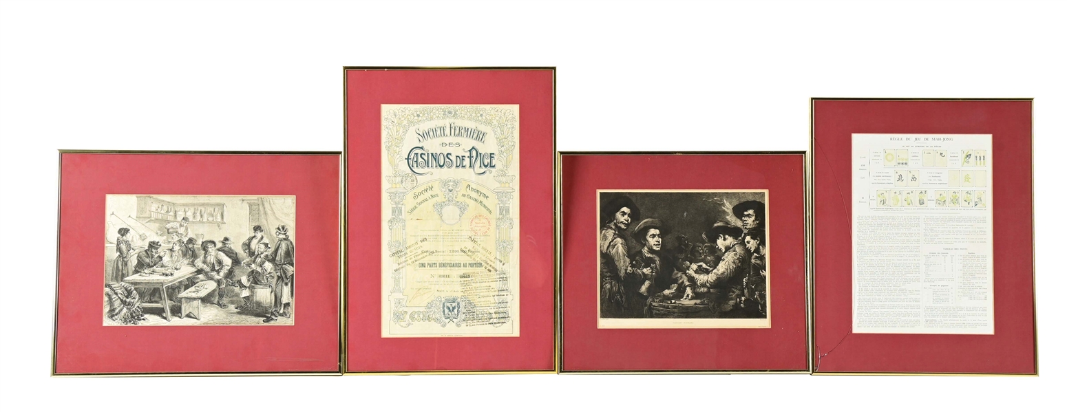 LOT OF 4: FRAMED PIECES OF ARTWORK DEPICTING GAMBLING.