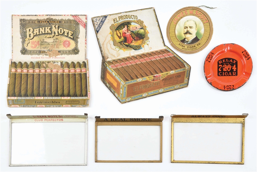 LOT OF 7: CIGARETTE, CIGAR & TOBACCO-RELATED ITEMS.