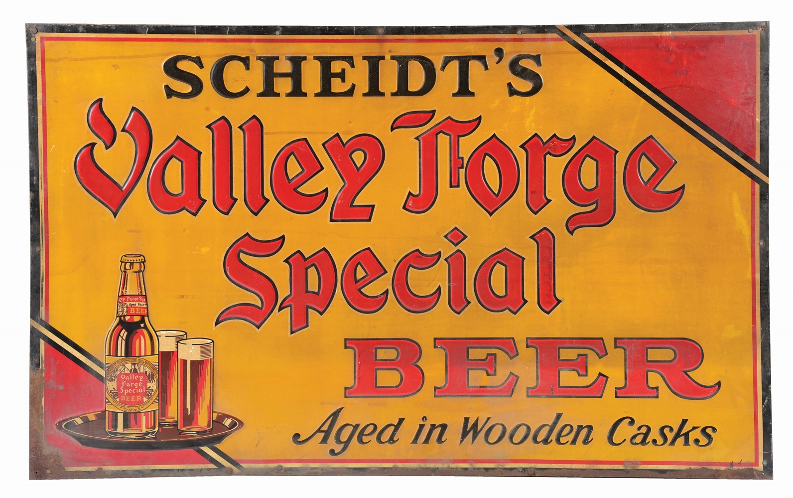 TIN VALLEY FORGE BEER SIGN WITH WOODEN FRAMED BACK.