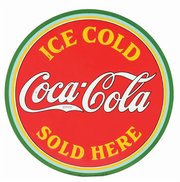 SINGLE SIDED EMOBOSSED TIN "ICE COLD COCA-COLA SOLD HERE" WATERMELON SIGN.