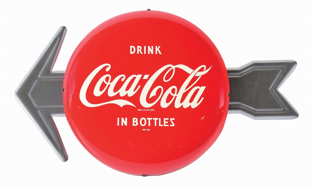 DRINK COCA-COLA IN BOTTLES TIN BUTTON WITH ARROW CONNECTED TO THE BACK.