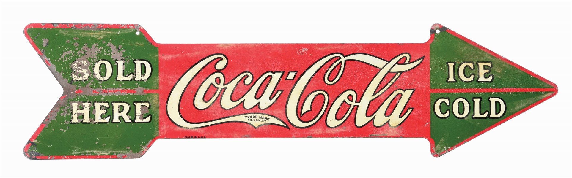 DOUBLE SIDED TIN COCA-COLA ICE COLD SOLD HERE ARROW.