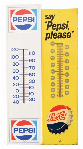 LOT OF 2: PEPSI-COLA TIN THERMOMETERS.