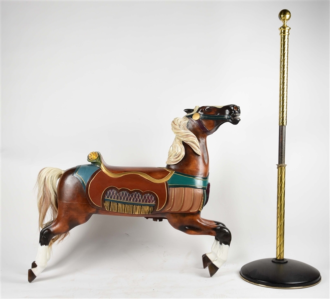 HAND CARVED WOOD CAROUSEL HORSE W/ STAND.