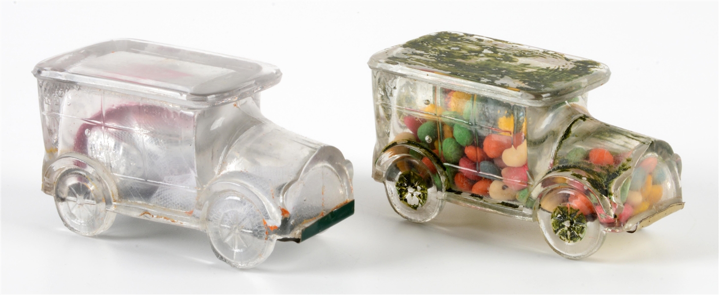 LOT OF 2: VINTAGE GLASS HEARSE CANDY CONTAINERS.