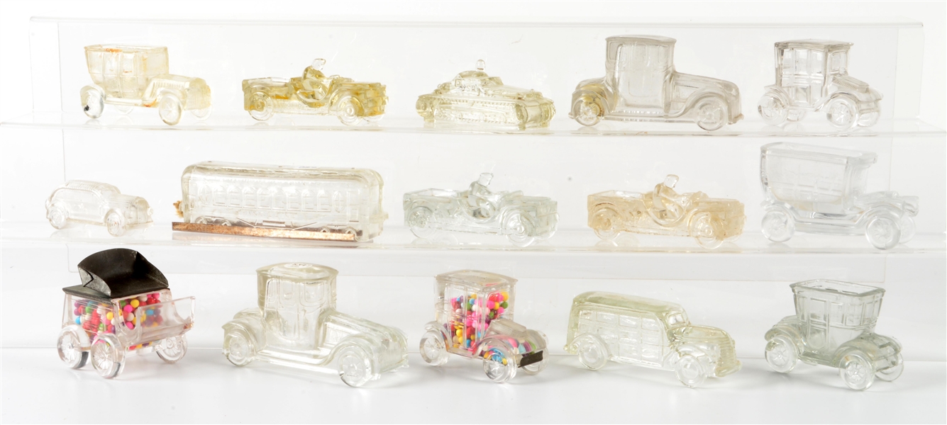 LOT OF 15: VINTAGE GLASS VEHICLE CANDY CONTAINERS.