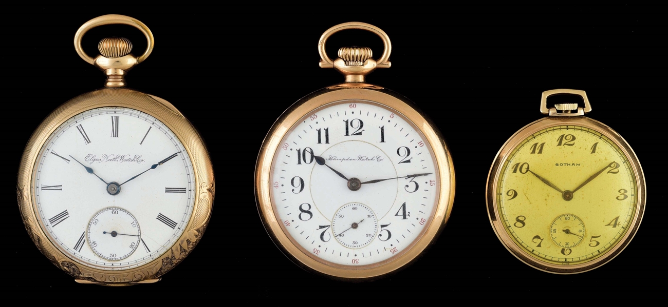 LOT OF 3: GOLD FILLED OPEN FACE POCKET WATCHES.