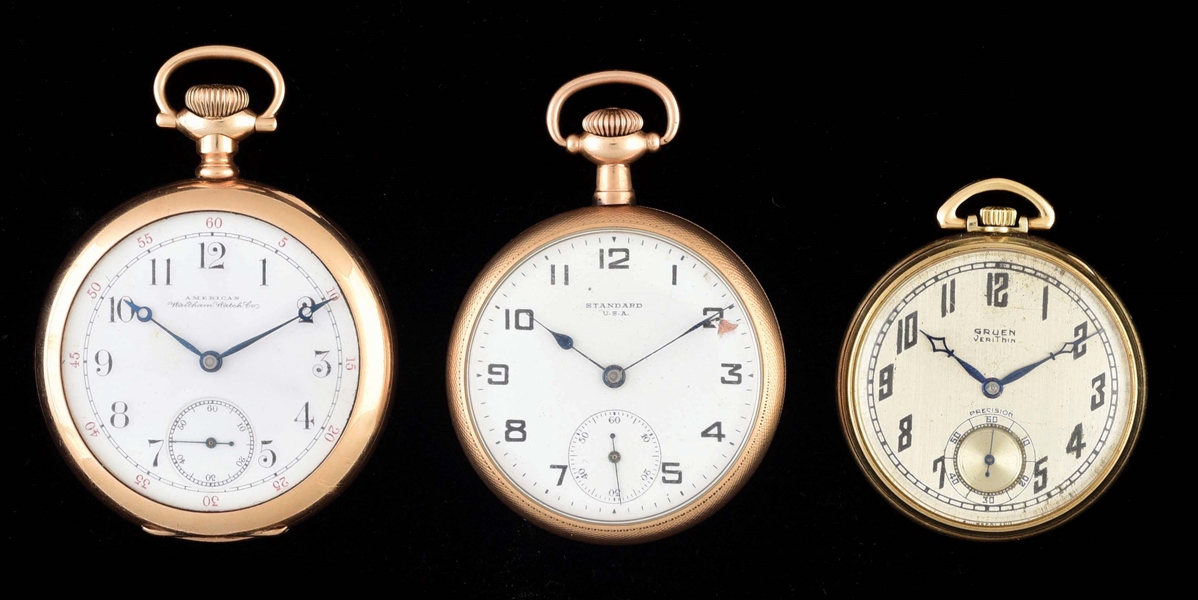 LOT OF 3: AMERICAN GOLD FILLED O/F POCKET WATCHES.
