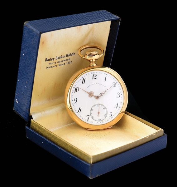 18K GOLD PATEK PHILIPPE FOR BAILEY, BANKS & BIDDLE O/F POCKET WATCH W/ BOX.