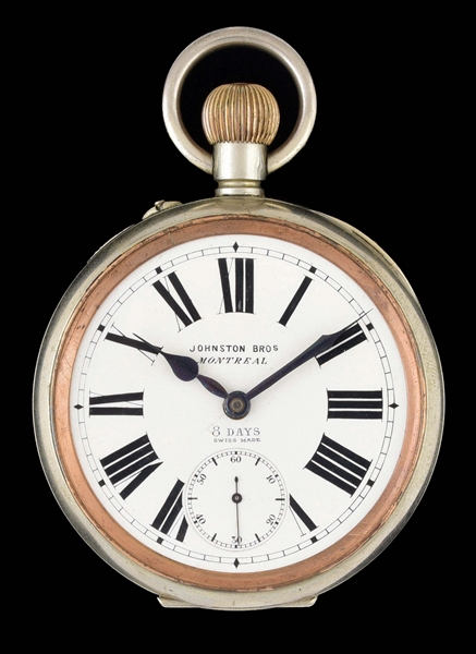 LARGE NICKEL PLATED 8-DAY OPEN FACE JOHNSON BROS MONTREAL PIN SET POCKET WATCH.