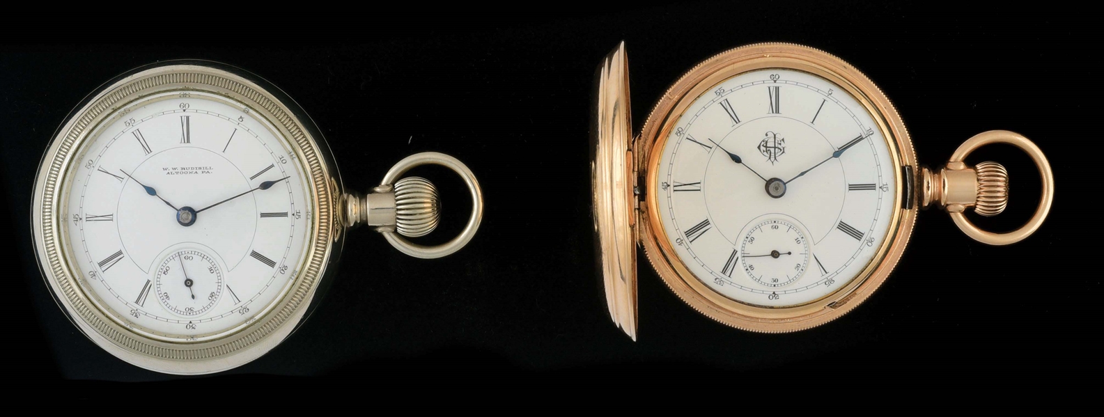 LOT OF 2: AURORA WATCH CO. PRIVATE LABEL SIZE 18 POCKET WATCHES.