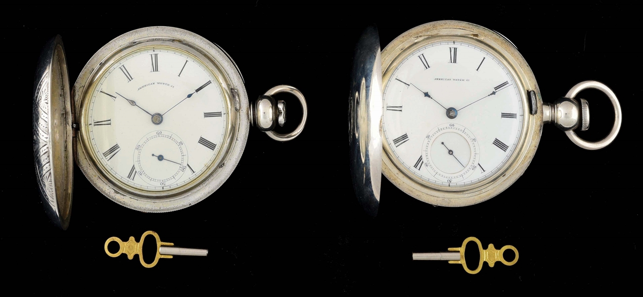 LOT OF 2: AMERICAN WALTHAM COIN SILVER H/C P.S. BARTLETT POCKET WATCHES.