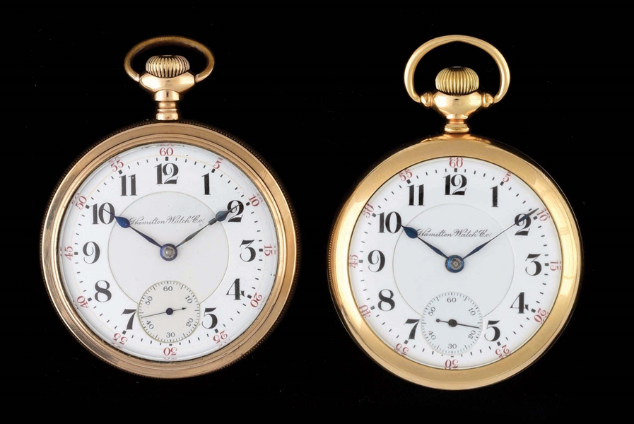 LOT OF 2: HAMILTON GOLD FILLED 940 O/F RR GRADE POCKET WATCHES.