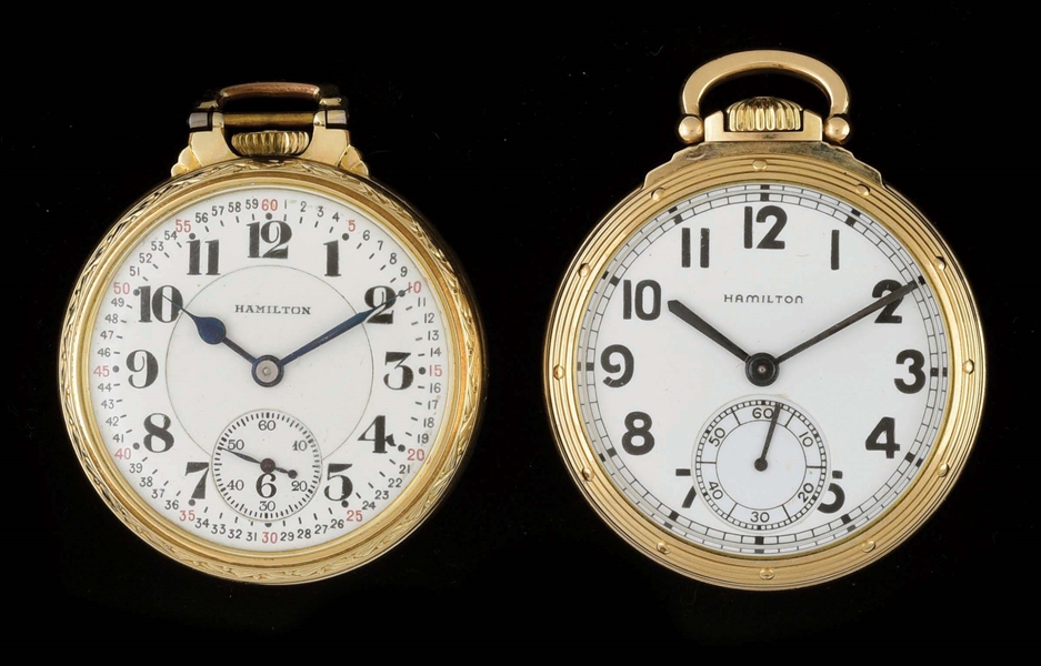 LOT OF 2: HAMILTON GOLD FILLED 950 RR GRADE O/F POCKET WATCHES.