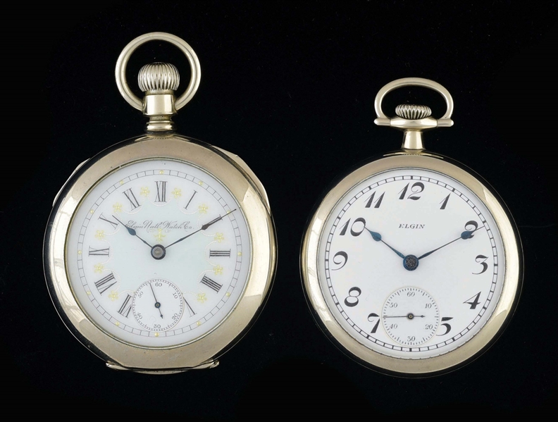 LOT OF 2: ELGIN NATIONAL WATCH CO. NICKEL SILVER O/F POCKET WATCHES.