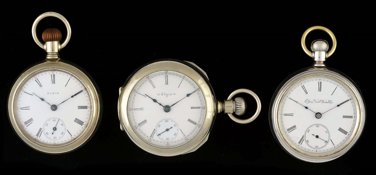 LOT OF 3: ELGIN NATIONAL WATCH CO O/F LOCOMOTIVE POCKET WATCHES.