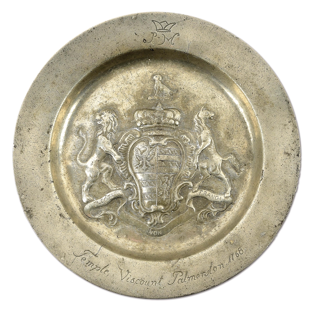 PEWTER CHARGER WITH THE VISCOUNTS PALMERSTON CREST AND DATED 1768.