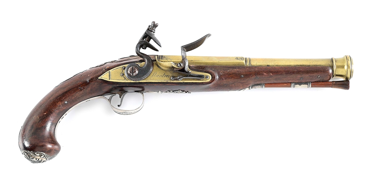 (A) FINE SILVER MOUNTED BRITISH OFFICERS PISTOL BY STANTON, WITH BRASS CANNON BARREL, BRASS LOCK, SILVER HALLMARKED FOR CHARLES FREETH.